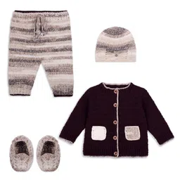 Windrop Solutions Full Sleeves Crocheted Sweater With Coordinating Self Designed Pajama Cap & Booties Set - Brown-picture-21