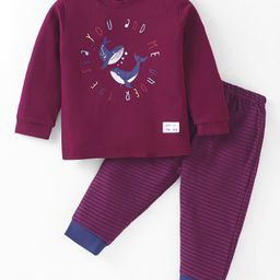 Zero Interlock Knit Full Sleeves T-Shirt & Lounge Pants Set With Arctic Animals Print - Maroon-image-33