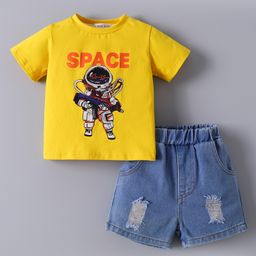 Mark & Mia Half Sleeves Cotton T-Shirt & Denim Shorts Set With Astronaut Print - Yellow-image-96