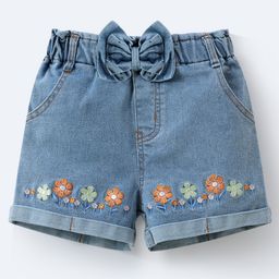 Mark & Mia Denim Washed Shorts with Floral Embroidery & Bow Applique - Blue-image-68