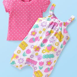 Babyhug Single Jersey Knit Dungaree & Half Sleeves T-Shirt With Floral & Polka Dot Print - White & Pink-image-17
