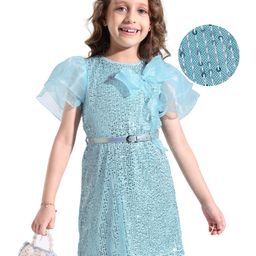 Hola Bonita Half Puff Sleeves with Sequins & Bow Detailing A Line Party Dress - Light Blue-image-60