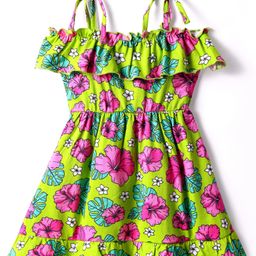 Babyhug Cotton Knit Singlet Sleeves Frock with Floral Print - Light Green-picture-26