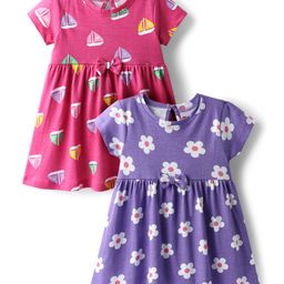 Babyhug Single Jersey Knit Half Sleeves Frocks with Ship & Floral Print Pack of 2 - Pink & Violet-image-65
