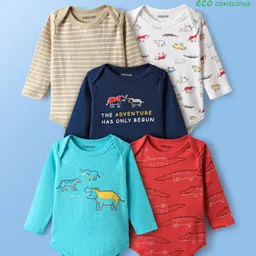 Babyoye Interlock Knit Full Sleeves Striped Onesies with Animal Print Pack of 5 - Multicolor-picture-45