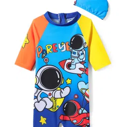 KIDLINGSS Half Raglan Sleeves Space Theme Legged Swimsuit With Cap Set - Light Blue-picture-30