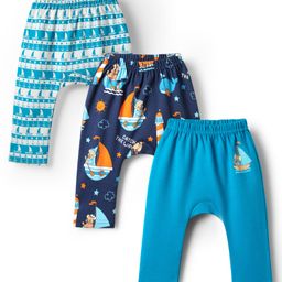 Babyhug Cotton Knit Full Length Diaper Leggings With Nautical Theme Print Pack Of 3 - Light Blue & Navy Blue-image-59