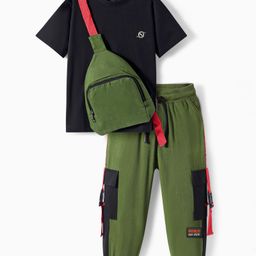 OLLINGTON ST. Cotton Half Sleeves T-Shirt & Knit Joggers Set with Sling Bag - Black & Olive-picture-5