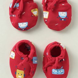 Simply Interlock Knit Mittens & Booties With Robot Print - Red-16