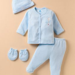 I Bears Interlock Knit Full Sleeves Front Open T-Shirt & Footed Pant Set With Cap & Mittens - Light Blue-image-3