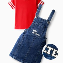 OLLINGTON ST. Cotton Half Sleeves Top & Denim Pinafore - Red & Blue-picture-0