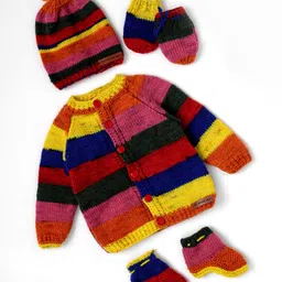 The Original Knit Knit Full Sleeves Rugby Striped Sweater With Coordinating Cap Mittens & Socks Set - Multi Colour-picture-4