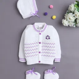 BUMZEE Knit Full Sleeves Cable Knit Design Solid Color Front Open Sweater with Cap & Booties - Lavender & White-picture-7