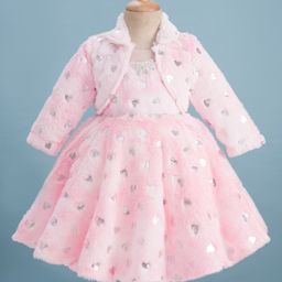 Enfance Hearts Foil Printed Knee Length Dress With Full Sleeves Coordinating Shrug - Pink-picture-29
