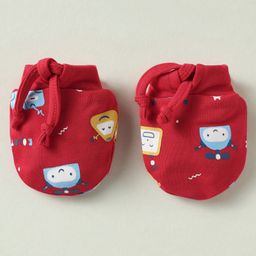 Simply Interlock Knit Mittens & Booties With Robot Print - Red image 2