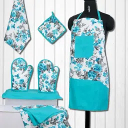 Swayam Teal Blue & White Kitchen Apron Combo - Set of 8-image-43