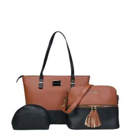 PELLE LUXUR Brown & Black Color Block Medium Tote Handbag with Sling (Set of 3)-7