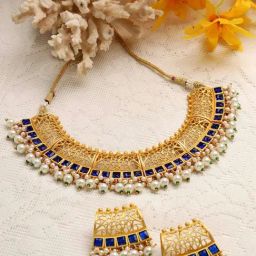Moedbuille Handcrafted Filigree Work Blue Stones & Pearls Studded Gold Plated Tassel Necklace Set-48