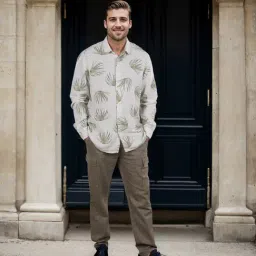 celio* Olive Printed Regular Fit Viscose Rayon Linen Blend Shirt-image-69