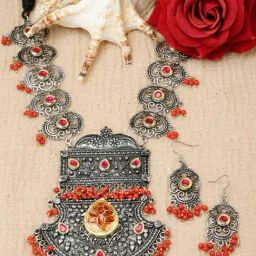 Moedbuille Crystals Studded Antique Tribal Design Oxidised Silver Plated Filigree Jewellery Set-12