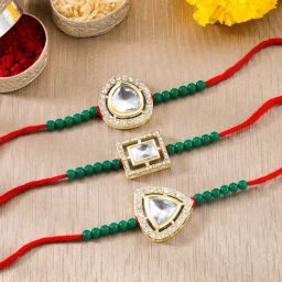 Peora White-Green Traditional Legacy of Rakshabandhan with Kundan Pearl Rakhi for Brother-Set of 3-18
