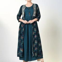 SHOWOFF Teal Cotton Solid Sleeveless Kurta With Shrug-picture-12