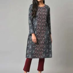 W Teal Blue Floral Print Straight Winter Kurta-image-21