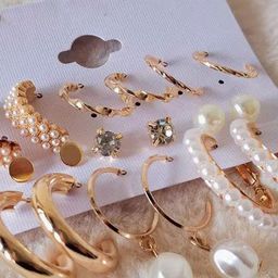 PolluxCraft Set Of 9 Korean Gold Plated Stones Studded And Beaded Half Hoop Earrings-picture-32