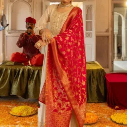 Fashor Cream Embroidered A Line Kurta With Dupatta image 4