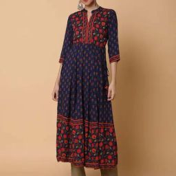 SHOWOFF Navy Cotton Printed Anarkali Kurta-image-12