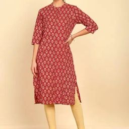 Soch Womens Red Floral Printed Cotton Kurta With Mandarin Collar-image-1