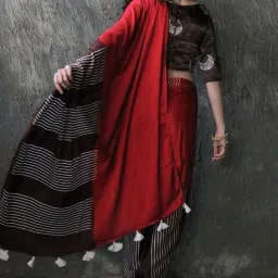 Chidiyaa Red & Brown Block Printed Modal Silk Saree image 4