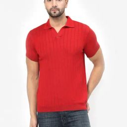 Kalt Red Regular Fit Striped Polo T-Shirt-image-2