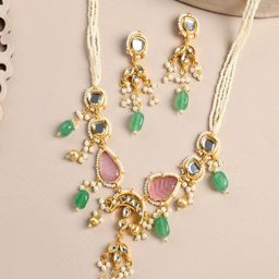STYYO Gold-Plated Kundan Studded And Pearls Beaded Jewellery Set-50