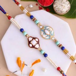 Aapno Rajasthan Set of 2 White, Red & Blue Eanameled Multi Beaded Rakhi-image-41