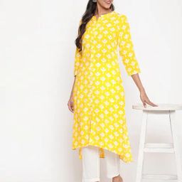 Savi Yellow Viscose Rayon A-Line Floral Kurta kurtis-image-2