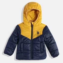 U.S. Polo Assn. Kids Boys Yellow and Navy Blue Colourblocked Puffer Jacket-image-99
