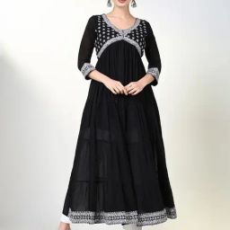 SHOWOFF Black Cotton Embroidered 3/4th sleeve Kurta-image-54
