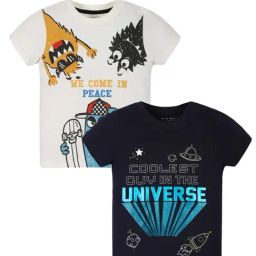 Plum Tree Kids Navy & Off-White Cotton Printed T-Shirt (Pack of 2)-image-38