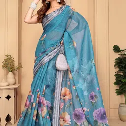 MORDEN MUSE Printed Cotton Linen Saree With Blouse Piece-picture-22