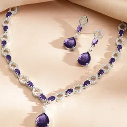 Rubans Rhodium-Plated Cubic Zirconia Studded Necklace And Earrings-picture-31