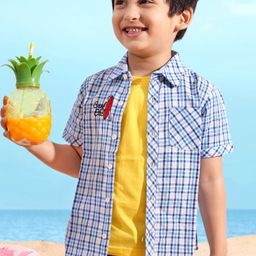 Babyhug Cotton Linen Half Sleeves Checks Shirt - Blue-image-16