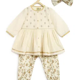 Tiber Taber Full Sleeves Chanderi Embroidered Angrakha Kurta With Floral Foil Print Salwar And Bow Hair Clip - Cream-picture-35