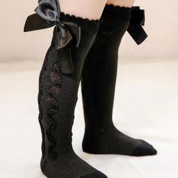 Flaunt Chic Swirl Design Detailed & Bow Embellished Socks - Black-image-31