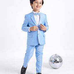 Babyhug Full Sleeves 3 Piece Stretch Party Suit with Bow - Light Blue-image-31
