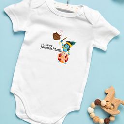 BLUSHES Janmashtmi Theme 100% Cotton Half Sleeves Krishna Prined Onesie - White-image-9