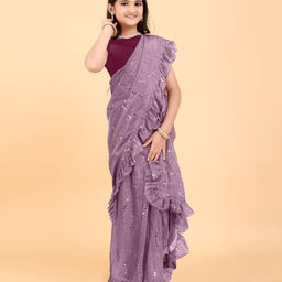 SHRITHI Fashion Fab Kids Supernet Embellished & Ruffled Hem Detailed Ready To Wear Shimmer Saree With Unstitched Blouse Piece - Wine Purple-image-90