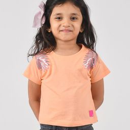 Tales & Stories Cotton Half Sleeves Placement Leaf Embellished Tee - Peach-picture-48