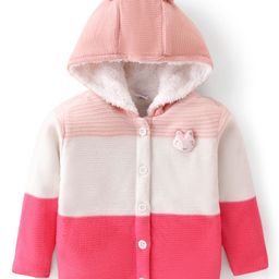Babyhug Knitted Full Sleeves Front Open Hooded Striped Sweater With Applique - Pink-picture-17