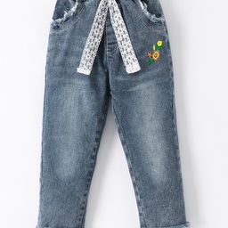 Kookie Kids Full Length Denim Washed Jeans Floral Embroidered with Belt Detailing- Blue-image-24